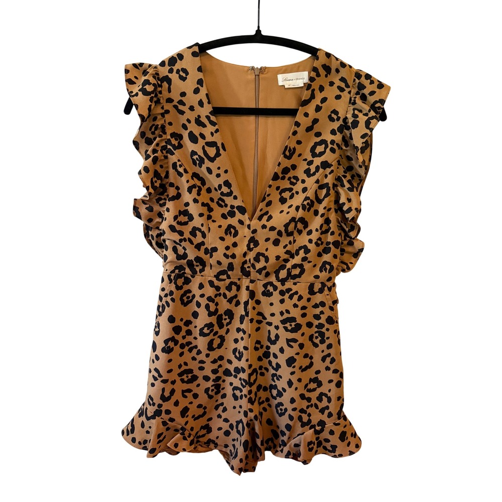 Lovers + Friends Leopard Print Romper‎ Ruffle Sleeve V-Neck Tan Black XXS